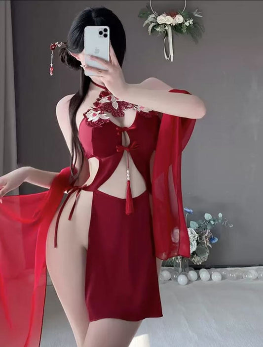 Velvess sexy lingerie antique hanging neck tie sexy embroidery pure desire hollow backless female uniform suit