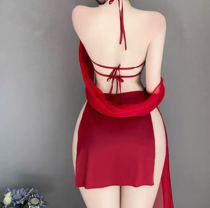 Velvess sexy lingerie antique hanging neck tie sexy embroidery pure desire hollow backless female uniform suit
