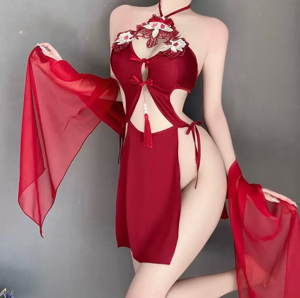 Velvess sexy lingerie antique hanging neck tie sexy embroidery pure desire hollow backless female uniform suit