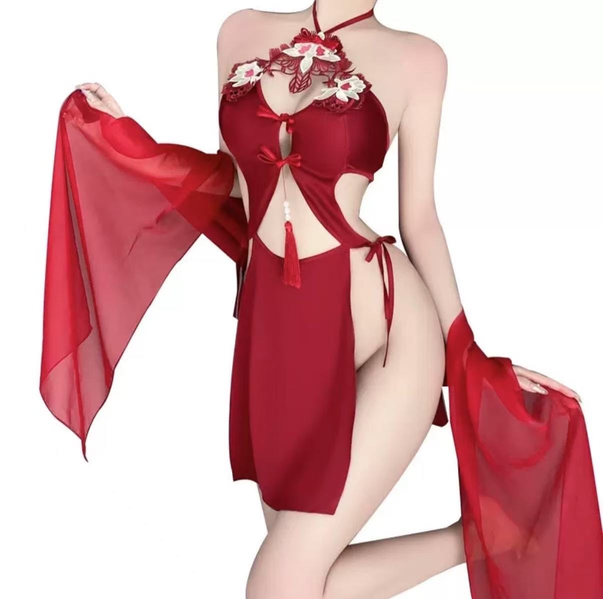 Velvess sexy lingerie antique hanging neck tie sexy embroidery pure desire hollow backless female uniform suit