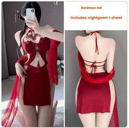 Velvess sexy lingerie antique hanging neck tie sexy embroidery pure desire hollow backless female uniform suit
