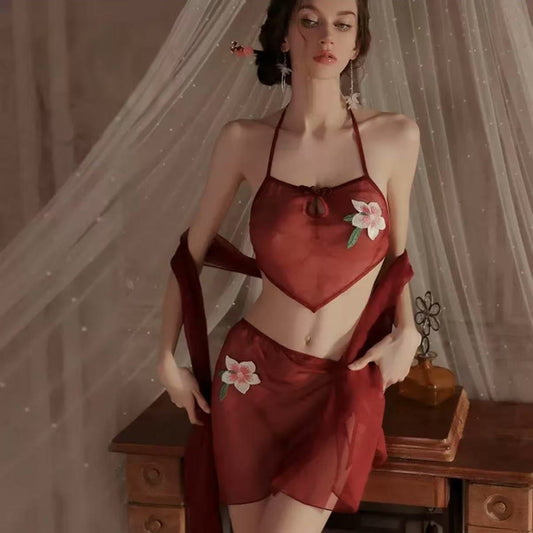 Velvess Gui if the brand of sexy underwear pure desire sexy embroidery deep V hanging neck belly pocket hot dancer woman suit